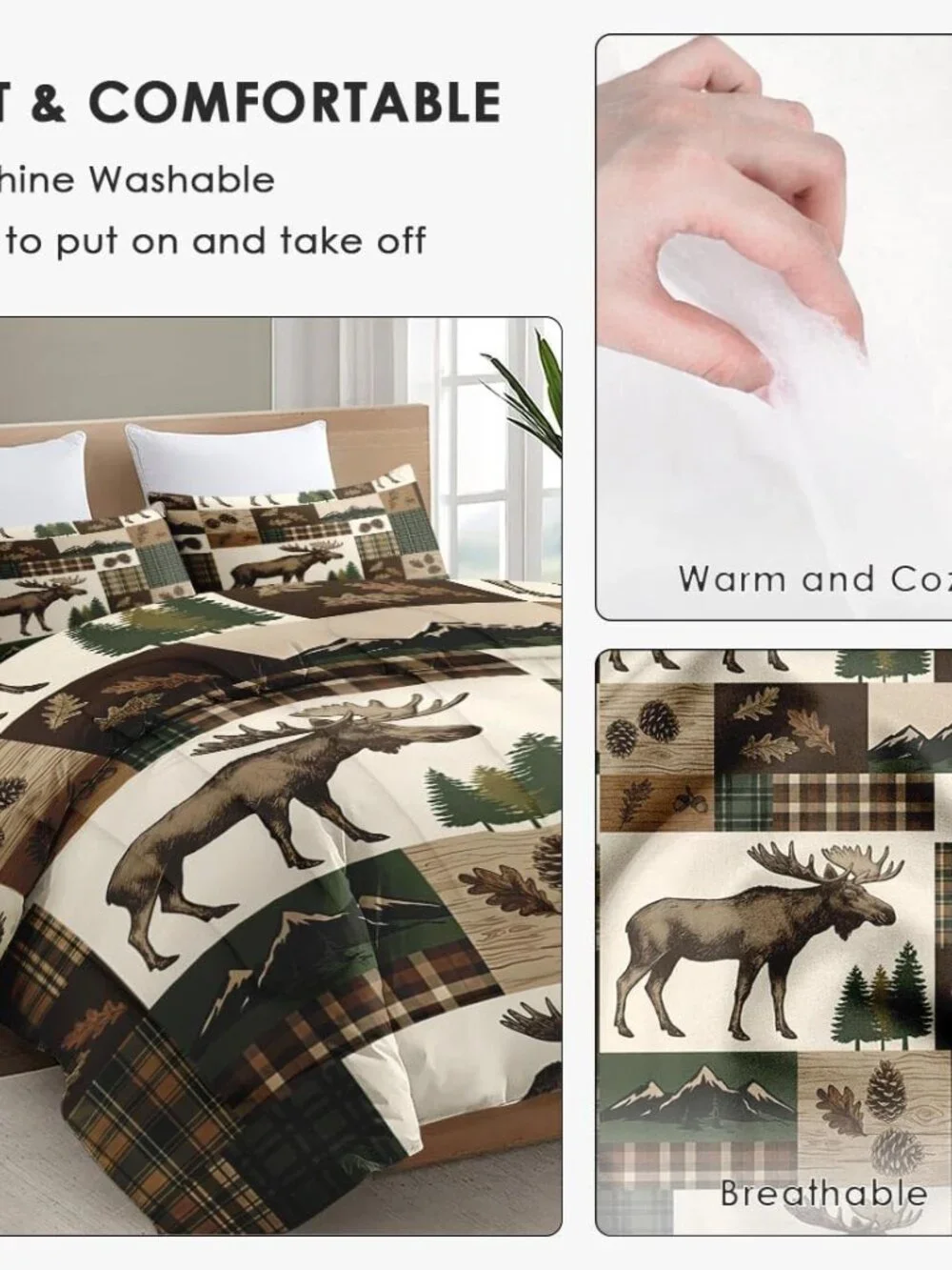 3 Pcs Queen Size Comforter Set with 2 Pillowcases, Moose Rustic Patchwork Soft B